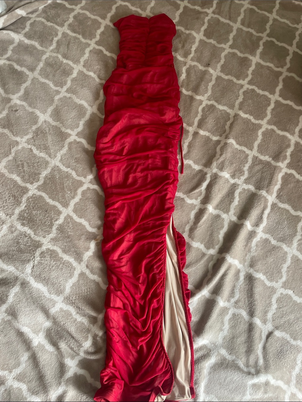 Red Ruched Strapless Gown with Side Slit